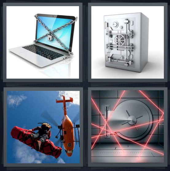4 Pics 1 Word Answer 4 letters for cyber security computer with chain, locked box, helicopter rescue, laser security