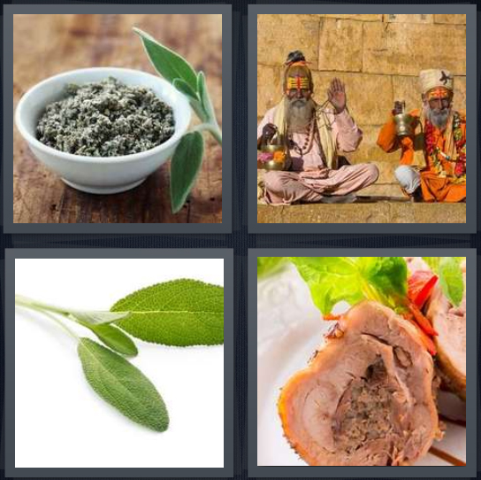 4 Pics 1 Word Answer 4 letters for herbs for cooking, holy men in India, leaf of plant, pork roll