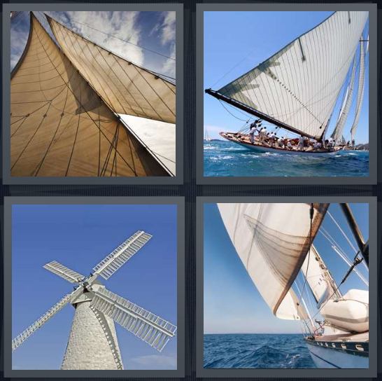 4 Pics 1 Word Answer 4 letters for mast with cloth on ship, boat with people in harbor, windmill painted white, side of ship in water