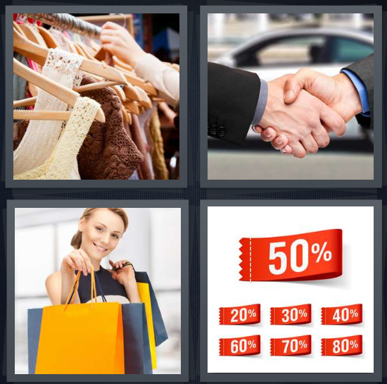 4 Pics 1 Word Answer 4 letters for rack with clothes at store, handshake, woman with shopping bags, tags with percentages