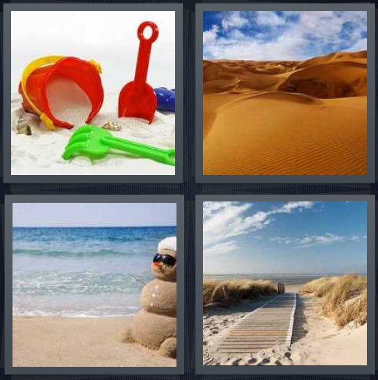 4 Pics 1 Word Answer 4 letters for beach toys on beach, desert with blue sky background, ocean with beach, dock on beach and sky