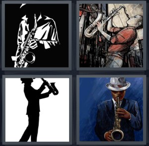 4 Pics 1 Word Answer 3 letters for musician with wind instrument silhouette, drawing of man playing, jazz musician, musician with brass instrument