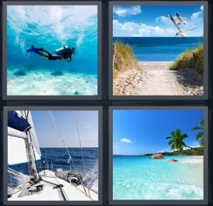 4 Pics 1 Word Answer 3 letters for diver underwater in ocean, seagulls flying over entrance to beach, yacht sailing on ocean, tropical island