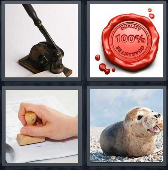 4 Pics 1 Word Answer 4 letters for machine for notary, wax for envelope, person using stamp, sea lion by ocean