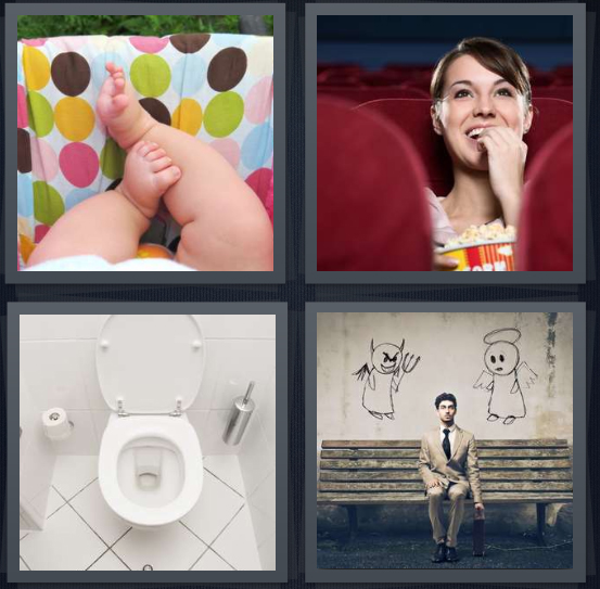 4 Pics 1 Word Answer 4 letters for baby laying down on polka dots, woman in movie theater, toilet in white bathroom, man on bench with angel and devil