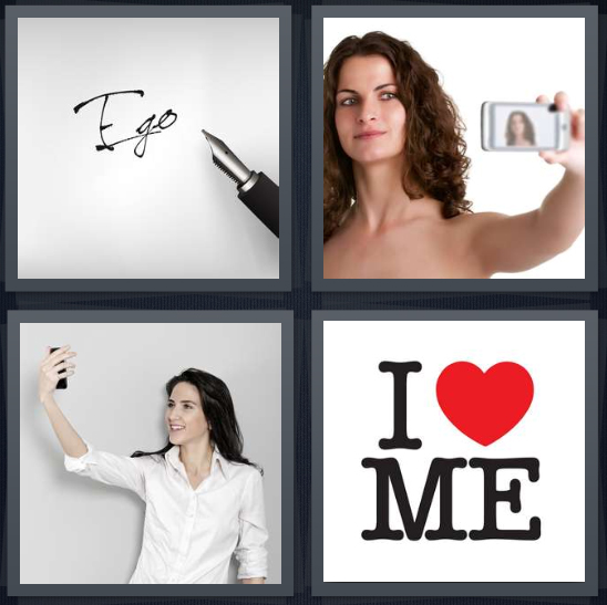 4 Pics 1 Word Answer 4 letters for ego written on white background, woman taking photo of herself, woman taking selfie, me t shirt