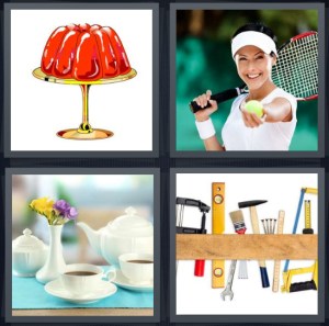4 Pics 1 Word Answer 3 letters for red jello mold on brass dish, woman about to serve tennis ball, tea on table, group of tools