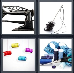 4 Pics 1 Word Answer 3 letters for machine for repairing clothes, buttons with needle, colored threads on string, sewing kit