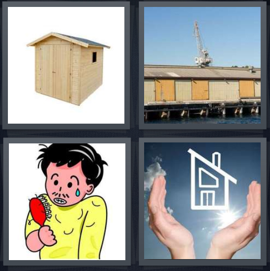 4 Pics 1 Word Answer 4 letters for wooden garage, trailer on truck, cartoon of boy crying tears, house drawing in hands