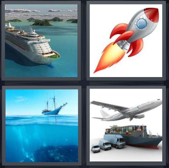 4 Pics 1 Word Answer 4 letters for cruise in ocean, cartoon of rocket, boat in sea, transport goods