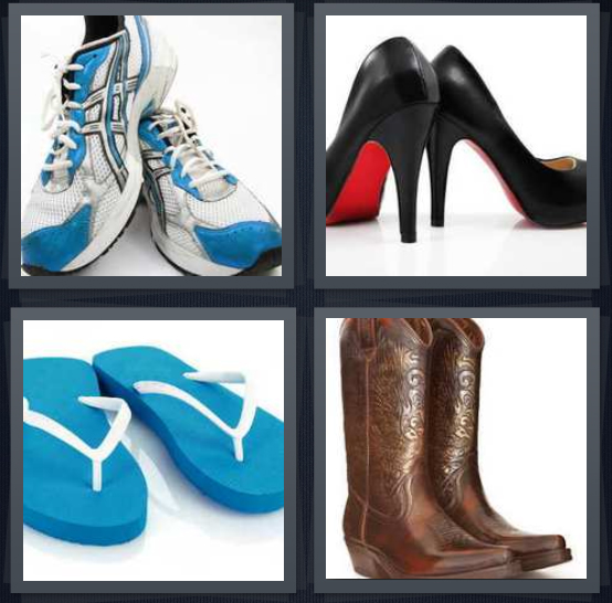 4 Pics 1 Word Answer 4 letters for pair of sneakers, pair of heels, pair of blue sandals, boots
