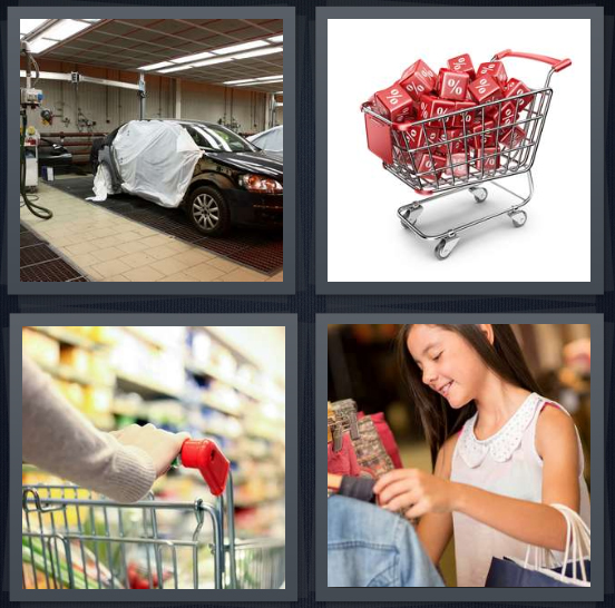4 Pics 1 Word Answer 4 letters for car in garage being worked on, percentages in cart, woman grocery shopping, girl looking at clothes in store