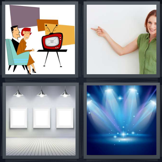 4 Pics 1 Word Answer 4 letters for drawing of people watching television, woman pointing on white background, art gallery with blank canvases, concert with blue lights on stage