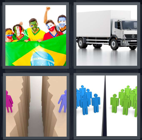 4 Pics 1 Word Answer 4 letters for Brazil soccer team fans, white truck on white background, divide between two people, two groups of people split