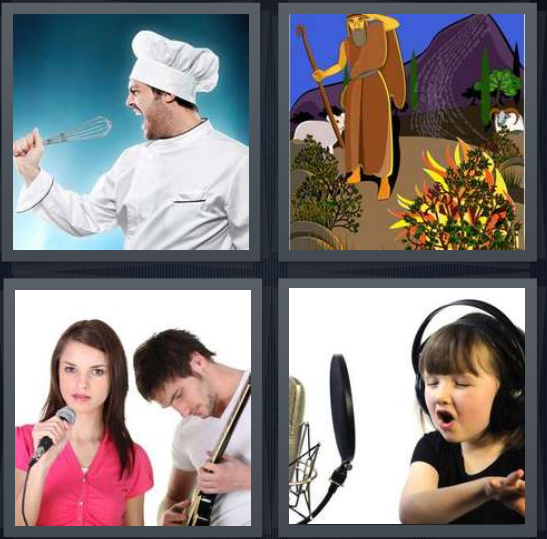 4 Pics 1 Word Answer 4 letters for chef yelling into whisk, cartoon of Moses and burning bush, band performing, little girl recording song