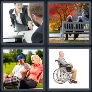4 Pics 1 Word answers, 4 Pics 1 Word cheats, 4 Pics 1 Word 3 letters businesswoman gives seat to visitor, elderly couple sitting on park bench, golfer couple taking rest, man in wheelchair
