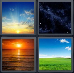 4 Pics 1 Word Answer 3 letters for beautiful sunrise, stars and galaxy in space, sunset over water, field with blue sky in day