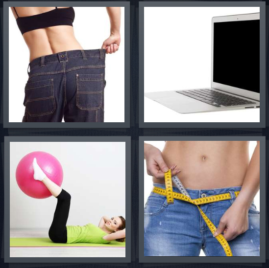 4 Pics 1 Word Answer 4 letters for skinny woman in big jeans, thin laptop, thin woman exercising, woman on diet
