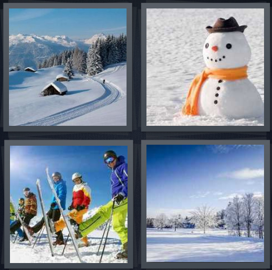 4 Pics 1 Word Answer 4 letters for mountain in white with small town, snowman on hill, group of skiers, winter in woods
