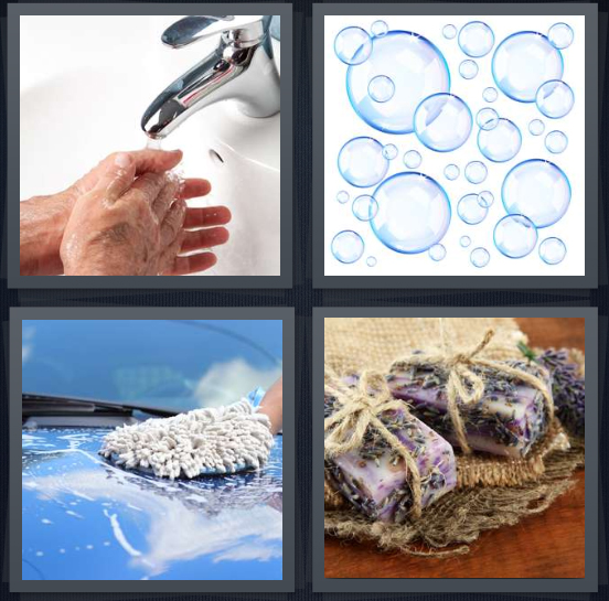 4 Pics 1 Word Answer 4 letters for person washing hands at sink, bubbles, person scrubbing car, lavender for washing