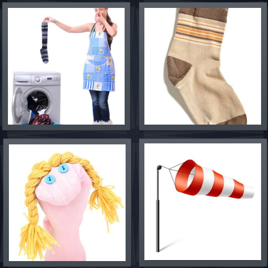 4 Pics 1 Word Answer 4 letters for woman doing smelly laundry, brown stocking, puppet with blond braids, red and white striped flag