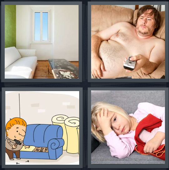 4 Pics 1 Word Answer 4 letters for white couch in living room, couch potato with remote in hand, cartoon of man with springs in couch, little girl taking nap