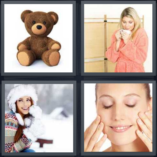 4 Pics 1 Word Answer 4 letters for brown teddy bear on white background, woman in fuzzy robe with mug, woman in snow with fuzzy mittens, woman touching face