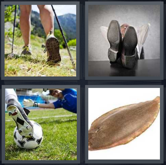 4 Pics 1 Word Answer 4 letters for person hiking with rods, man with shoes on desk, man kicking soccer ball, fish on white background