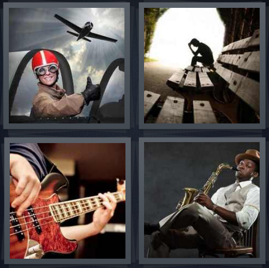 4 Pics 1 Word Answer 4 letters for pilot in cockpit, person sitting alone on bench, guitar player, player with saxophone