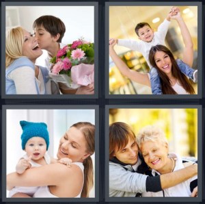 4 Pics 1 Word Answer 3 letters for boy kissing mother on cheek, mother holding boy in mall, mother with baby, man hugging older woman