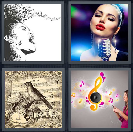 4 Pics 1 Word Answer 4 letters for drawing of woman singing, jazz crooner at microphone, sheet music with Paris and bird, woman listening to iPod or mp3