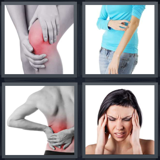 4 Pics 1 Word Answer 4 letters for woman with pain in knee, woman touching elbow, man with pain in back, woman with headache