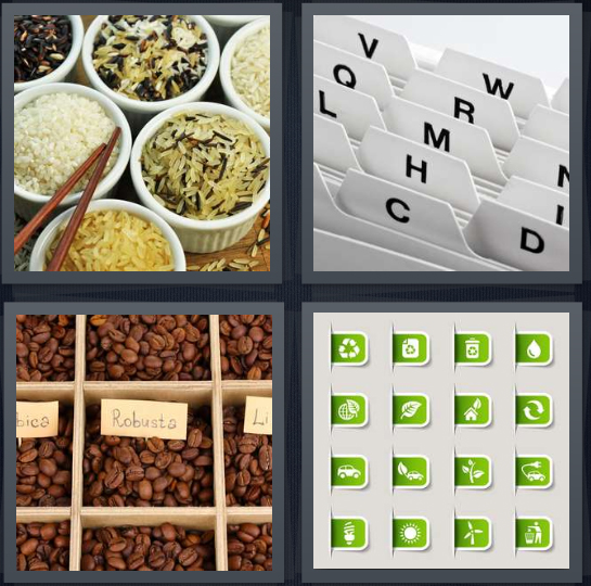 4 Pics 1 Word Answer 4 letters for types of rice and grains in bowls, files with alphabetical folders, coffee beans in order, green tabs for files