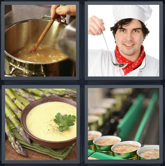 4 Pics 1 Word Answer 4 letters for pot of liquid on stove, chef with tasting spoon, asparagus and liquid in bowl on table, food in factory