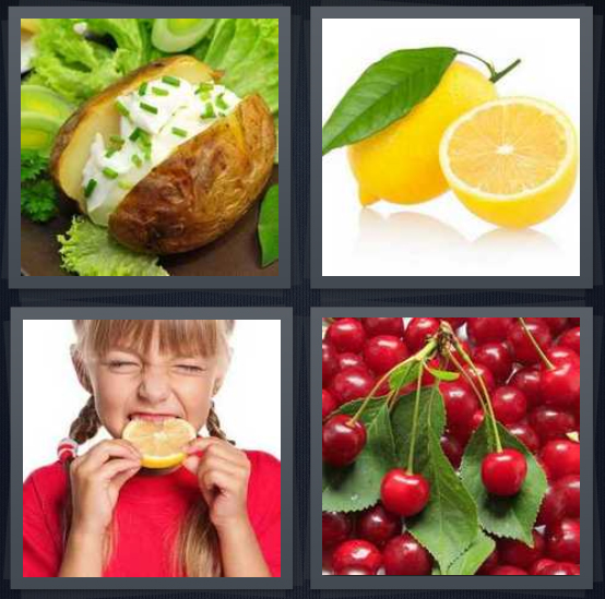 4 Pics 1 Word Answer 4 letters for cream on potato with chives, lemon with leaf, girl eating bitter lemon, cherries