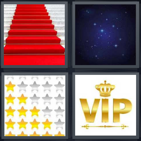 4 Pics 1 Word Answer 4 letters for red carpet on stairs, space with fire balls, gold stickers, VIP with crown
