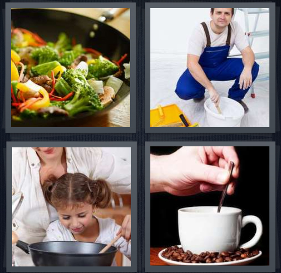 4 Pics 1 Word Answer 4 letters for cooking in frying pan, painter in blue overalls, child smelling food being cooked, coffee with spoon