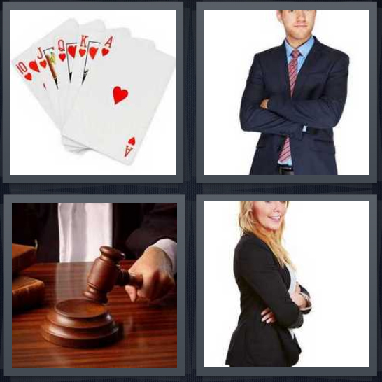 4 Pics 1 Word Answer 4 letters for cards with run in hearts, businessman with arms crossed, judge with gavel, businesswoman with arms crossed