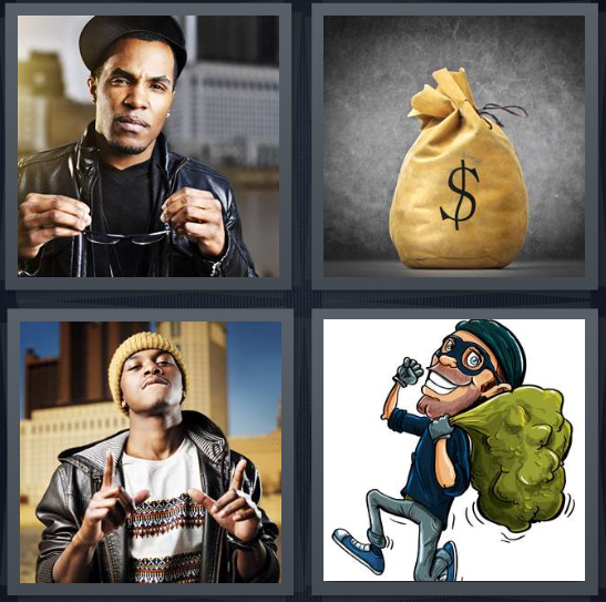 4 Pics 1 Word Answer 4 letters for rapper with chain, bag of money with dollar sign, bling around neck, robber bandit with bag