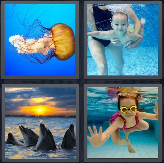 4 Pics 1 Word Answer 4 letters for jellyfish underwater in ocean, baby in pool learning, whales in ocean at sunset, girl with goggles in pool