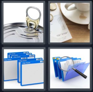 4 Pics 1 Word Answer 3 letters for top of can opening, check at coffee shop, computer browser windows, magnifying glass on file folders