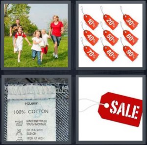 4 Pics 1 Word Answer 3 letters for family running in field, percentages off, tab in back of jeans, sale on red background