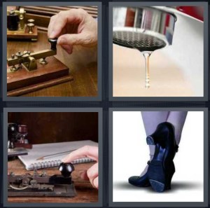4 Pics 1 Word Answer 3 letters for person using Morse code, faucet with water dripping, machine for Morse code, heels for dancing