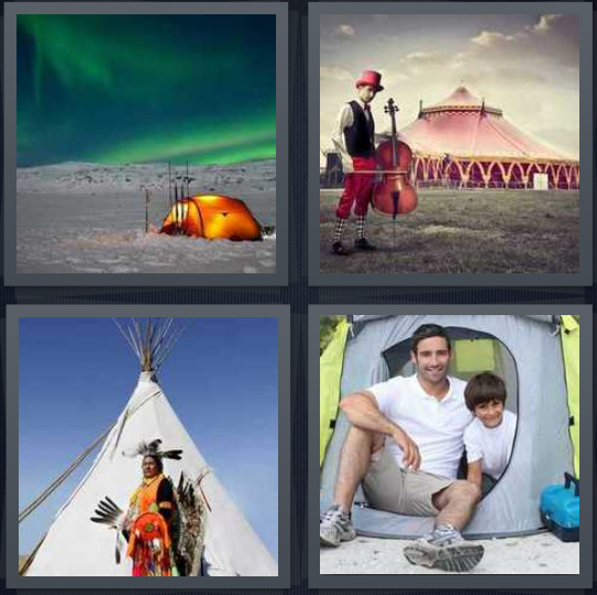 4 Pics 1 Word Answer 4 letters for people sleeping by Northern Lights on snow, man with cello outside circus, Native American with teepee, father and son camping