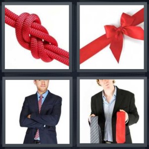 4 Pics 1 Word Answer 3 letters for red rope knots, red ribbon on white background, man wearing suit with arms crossed, man choosing accessory for suit
