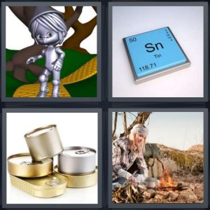 4 Pics 1 Word Answer 3 letters for silver man on yellow brick road, element from Periodic Table, aluminum cans for food, woman cooking over campfire