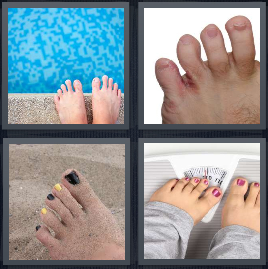 4 Pics 1 Word Answer 4 letters for feet on edge of pool, fungus on foot, painted nails on sand, feet on scale