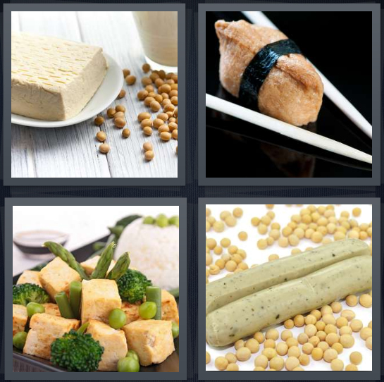 4 Pics 1 Word Answer 4 letters for vegetarian meat, chopsticks holding roll, vegan food, soy plant