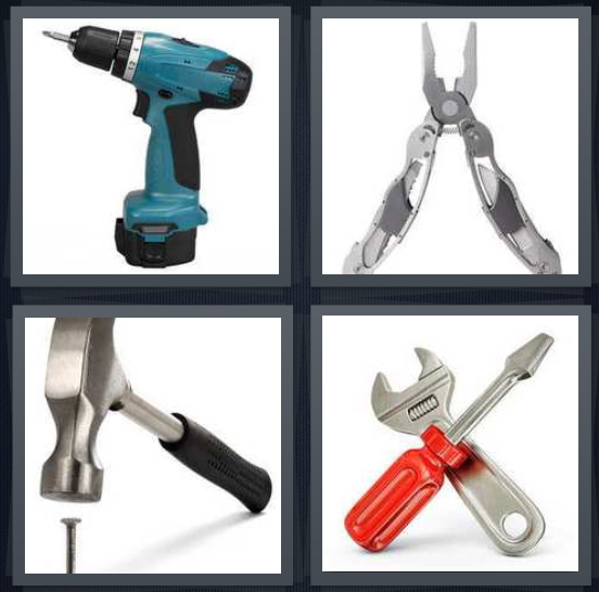 4 Pics 1 Word Answer 4 letters for blue drill, open pliers, hammer hitting nail, wrench and screwdriver