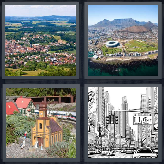 4 Pics 1 Word Answer 4 letters for hamlet city, mountain valley with houses, small church, city in black and white